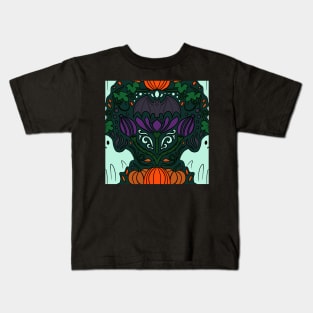 Spooky Ghost and Bat and Pumpkin Halloween Damask Repeat Print Deep Green Kids T-Shirt